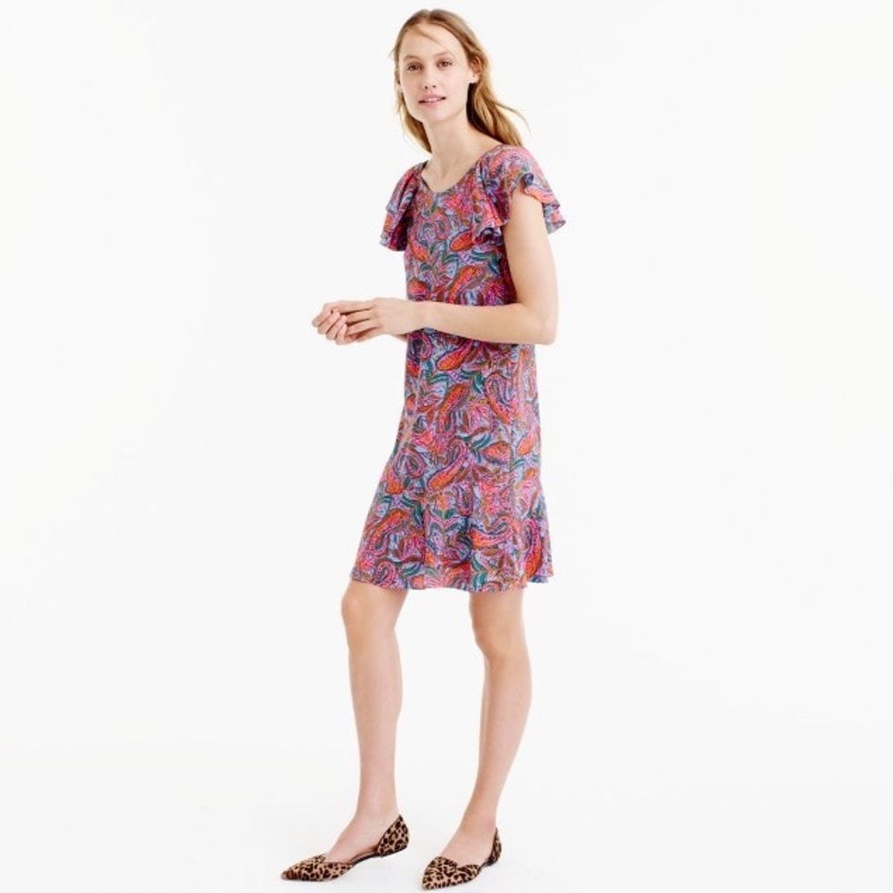NWT. J. Crew Ruffled dress in vibrant pais…